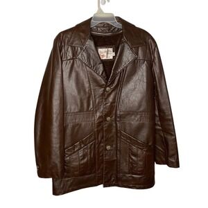 Vintage Sears The Leather Shop Brown Leather Car Coat Jacket Faux Fur Liner 42